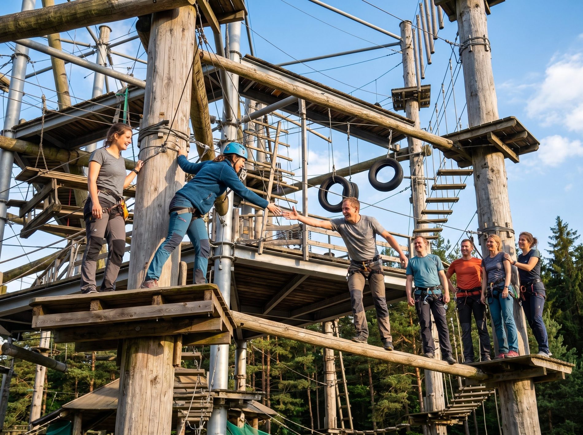 Gruppe von Kollegen beim Betriebsausflug im Hochseilgarten – eine Frau mit Helm klettert über eine Holzplattform und wird von einem Kollegen an der Hand empfangen, während das Team lachend zusieht