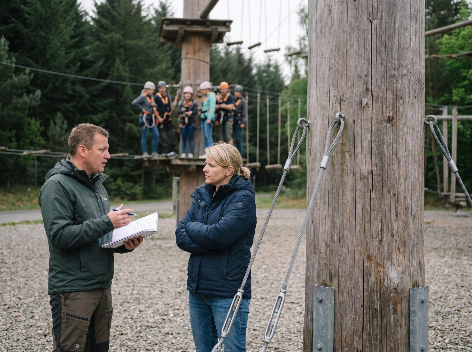 Trainer mit Notizbuch und Stift im Gespräch mit einer Führungskraft neben einem massiven Holzpfahl des Hochseilgartens – im Hintergrund eine Gruppe mit Helmen und Klettergurten auf einer Plattform