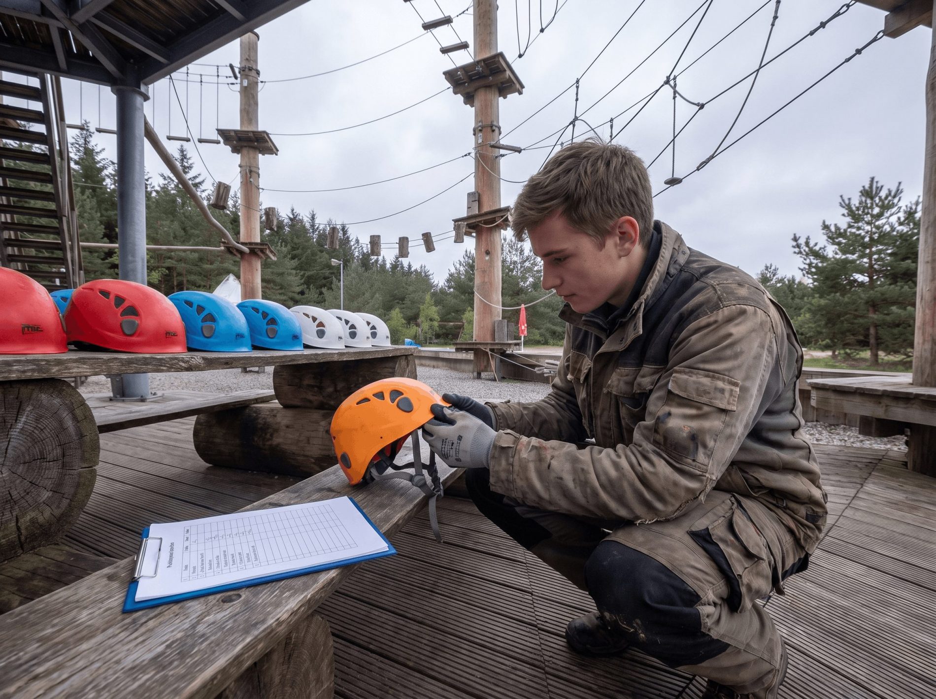 Mitarbeiter der HöhenwegArena prüft Kletterhelme auf Sicherheit und dokumentiert die Kontrolle auf einer Checkliste im Hochseilgarten Schneverdingen