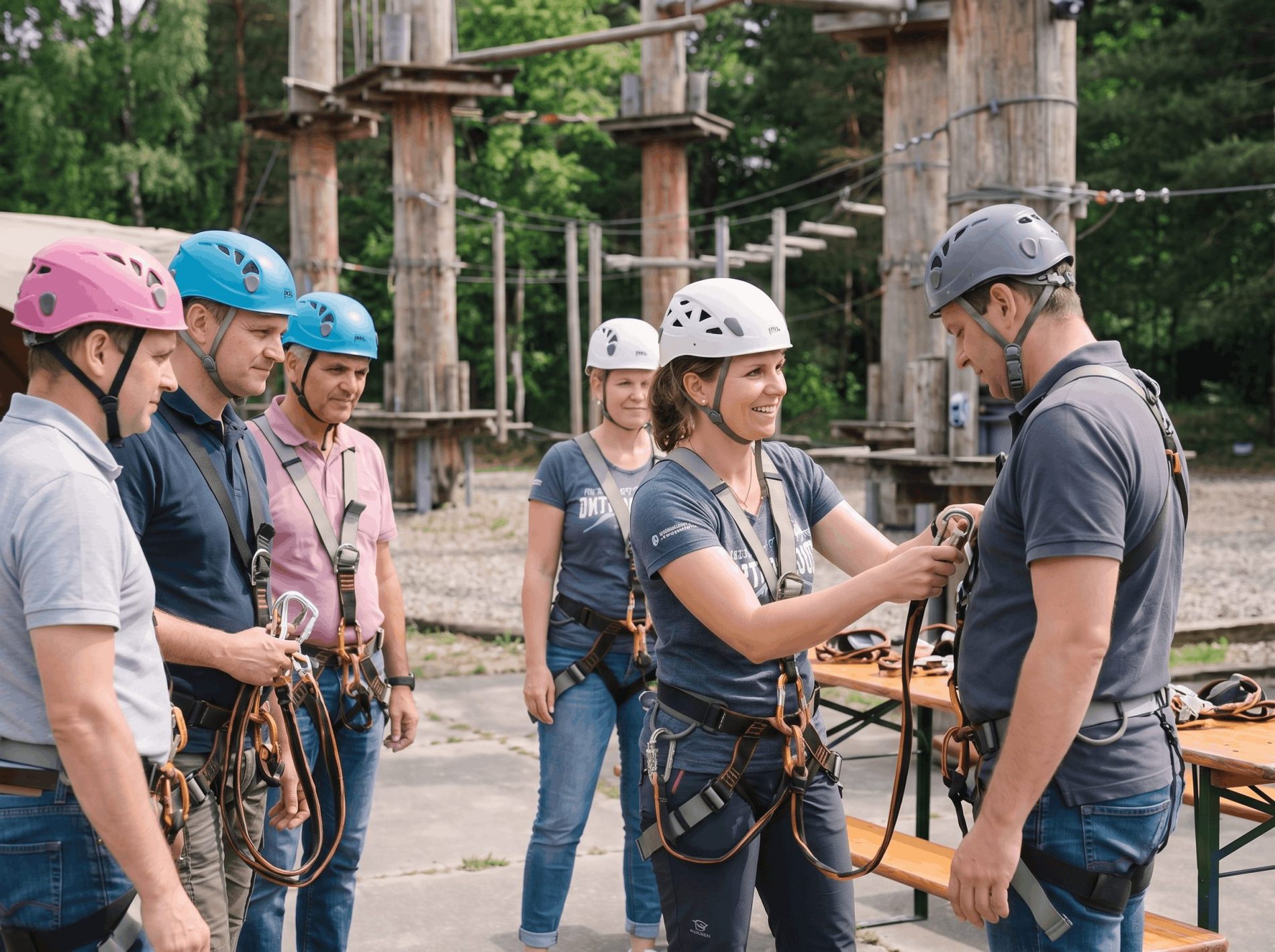 Trainerin der HöhenwegArena zeigt einer Gruppe von Teilnehmern die korrekte Handhabung der Kletterausrüstung vor dem Hochseilgarten in Schneverdingen